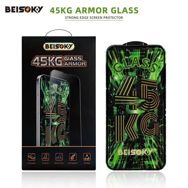 BEISOKY Custom Logo Premium Anti Shock Strength 45KG Ultra Strong ESD Tempered Glass Screen Protector for iPhone 16E 16 Pro Max
