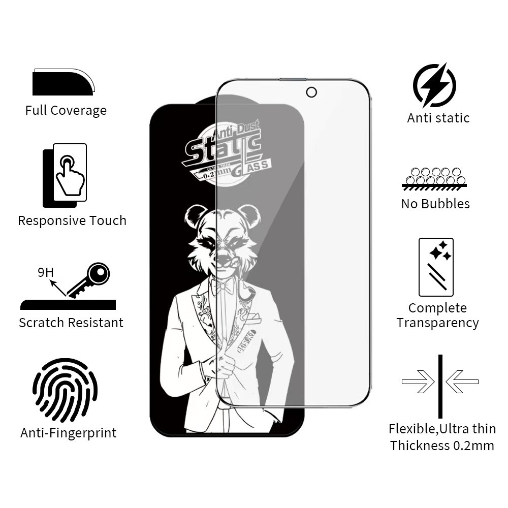 BEISOKY High Quality Anti Static 0.2mm Ultra-thin with Dust Filters Tempered Glass Screen Protector for iphone 16 15 14 13 12 11 Pro Max