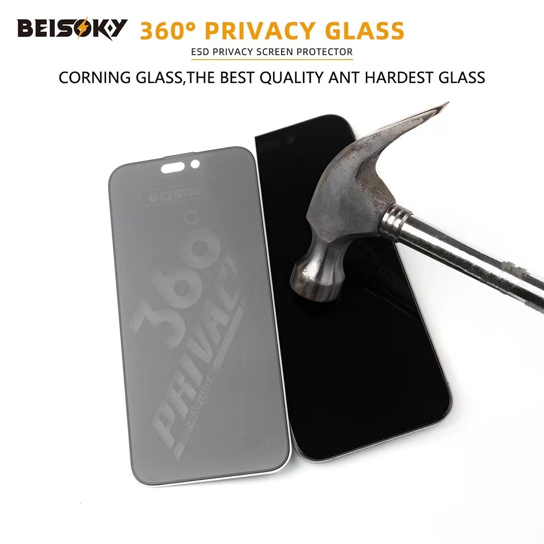 BEISOKY 9H Factory Dust Proof 360 Privacy ESD Anti-peeping Screen Protector for Iphone 13 14 15 16 Pro Max Anti Spy Tempered Glass