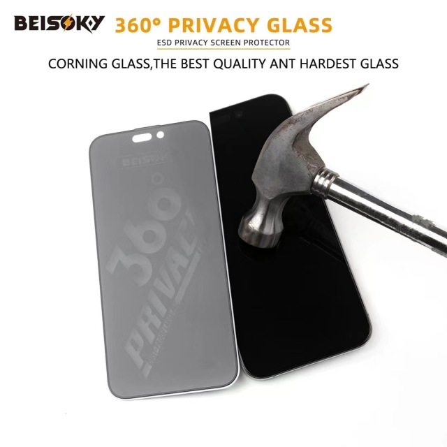 BEISOKY 9H Factory Dust Proof 360 Privacy ESD Anti-peeping Screen Protector for Iphone 13 14 15 16 Pro Max Anti Spy Tempered Glass