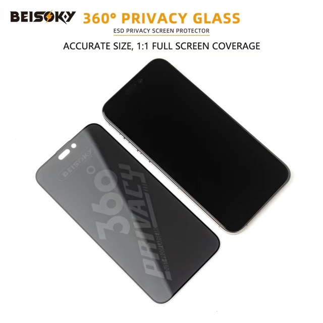 BEISOKY 9H Factory Dust Proof 360 Privacy ESD Anti-peeping Screen Protector for Iphone 13 14 15 16 Pro Max Anti Spy Tempered Glass