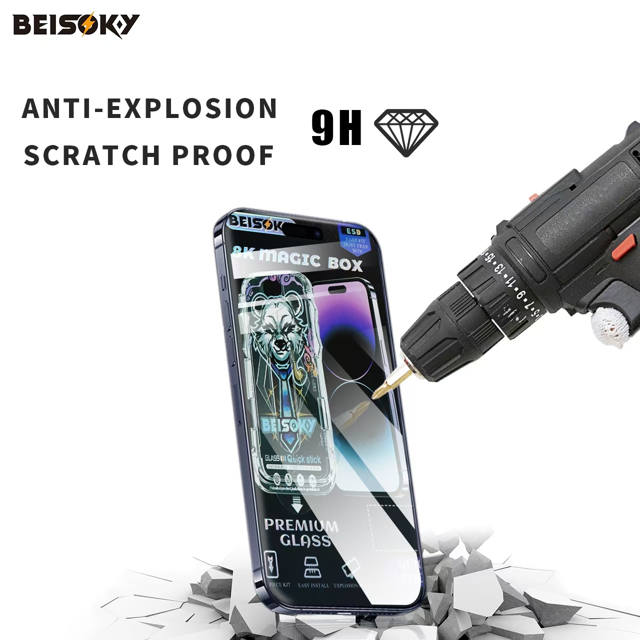 BEISOKY Wholesale 9H HD Clear Full Glue Tempered Glass With Easy Install Tool Frame Anti Static for IPhone 16 15 Pro Max Screen Protector