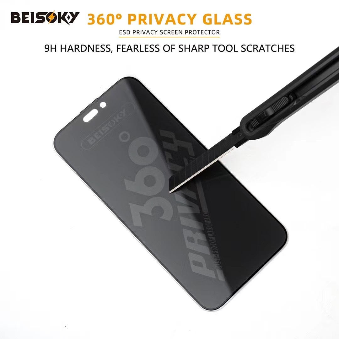 BEISOKY 9H Factory Dust Proof 360 Privacy ESD Anti-peeping Screen Protector for Iphone 13 14 15 16 Pro Max Anti Spy Tempered Glass