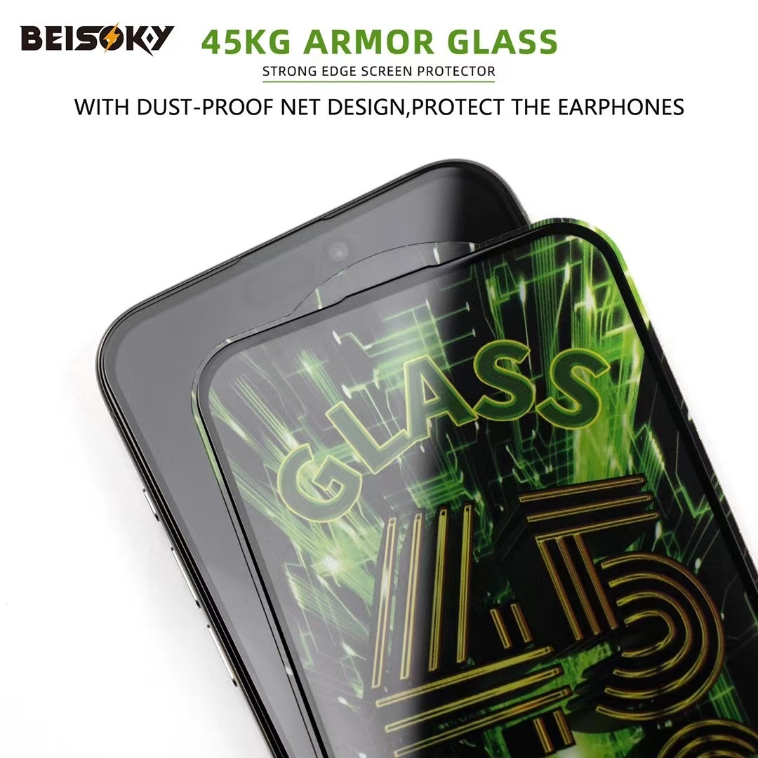 BEISOKY Custom Logo Premium Anti Shock Strength 45KG Ultra Strong ESD Tempered Glass Screen Protector for iPhone 16E 16 Pro Max