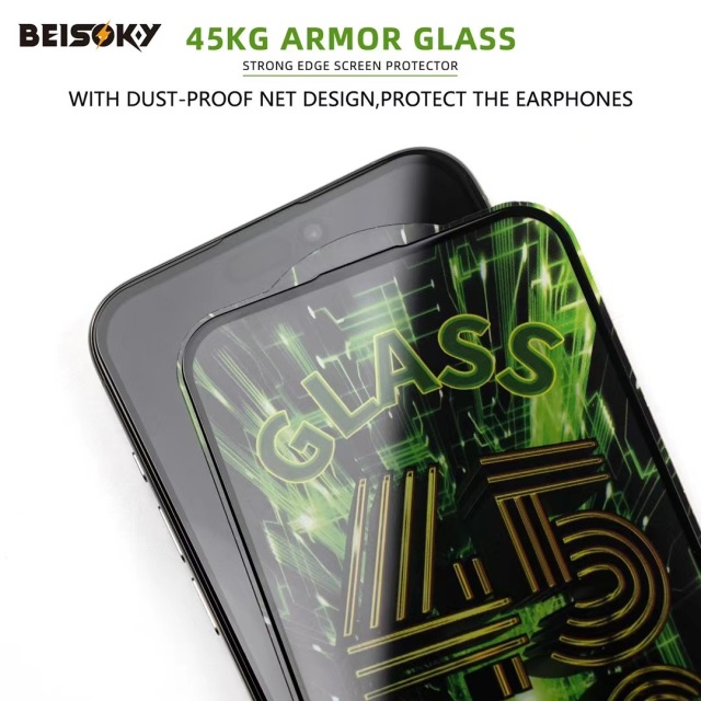 BEISOKY Custom Logo Premium Anti Shock Strength 45KG Ultra Strong ESD Tempered Glass Screen Protector for iPhone 16E 16 Pro Max