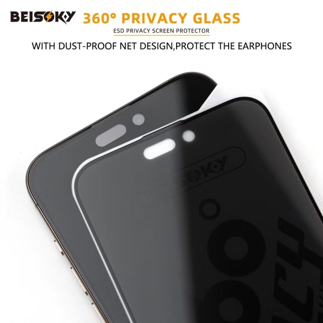 BEISOKY 9H Factory Dust Proof 360 Privacy ESD Anti-peeping Screen Protector for Iphone 13 14 15 16 Pro Max Anti Spy Tempered Glass