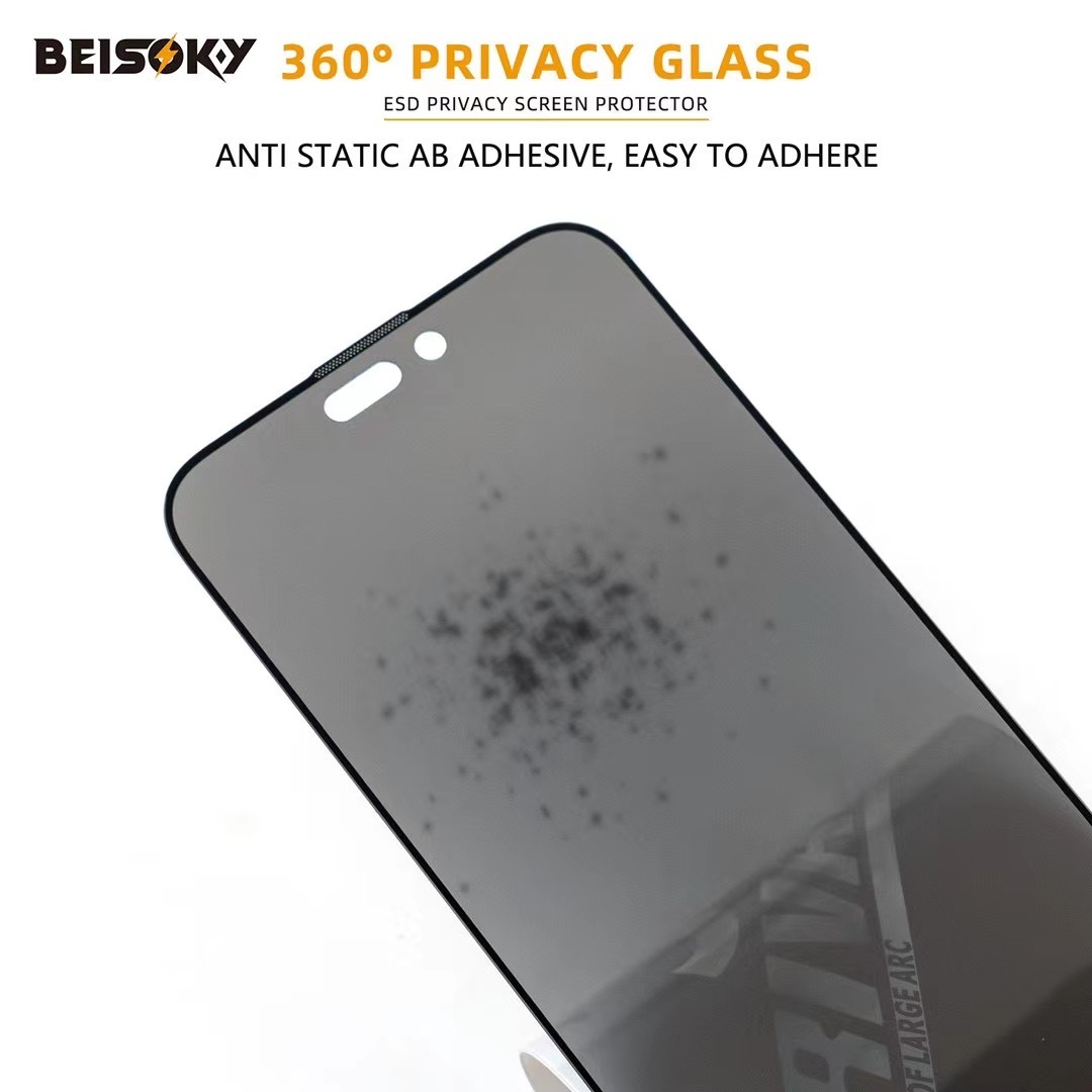 BEISOKY 9H Factory Dust Proof 360 Privacy ESD Anti-peeping Screen Protector for Iphone 13 14 15 16 Pro Max Anti Spy Tempered Glass