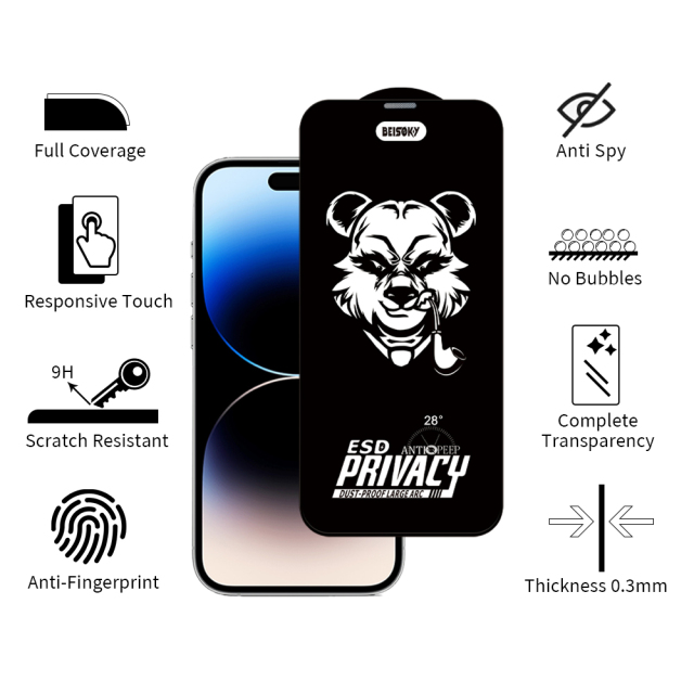 BEISOKY Full Cover Mobile Phone 28 Degree Privacy Anti-spy Tempered Glass Privacy Screen Protector Film for iphone 13 14 15 16