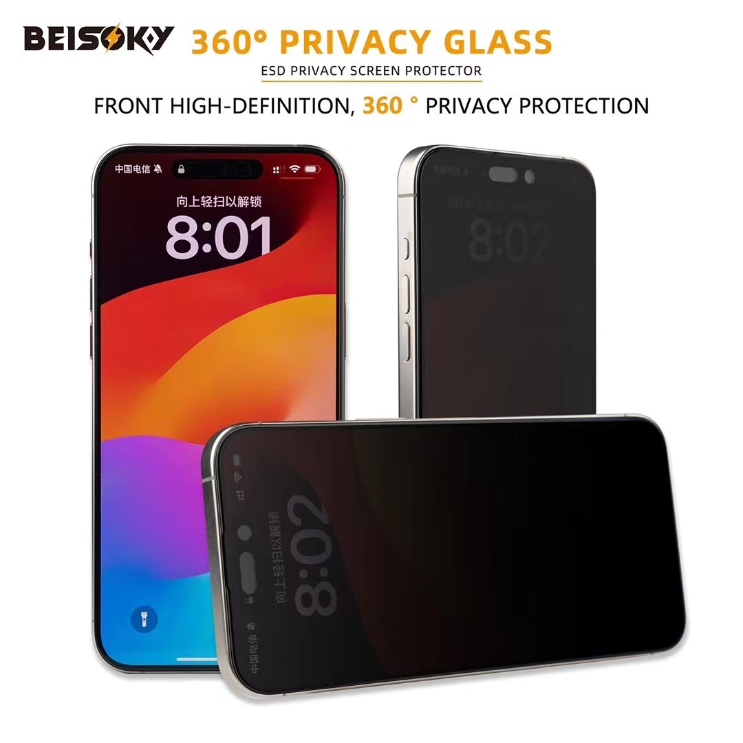 BEISOKY 9H Factory Dust Proof 360 Privacy ESD Anti-peeping Screen Protector for Iphone 13 14 15 16 Pro Max Anti Spy Tempered Glass