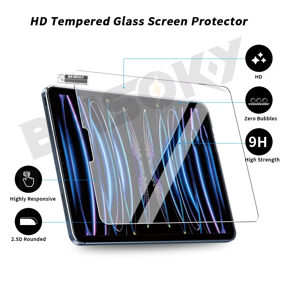 BEISOKY High Transparent 9h Hardness 0.3mm 2.5d Tablet Tempered Glass Screen Protector for iPad Pro11 12.9 2024