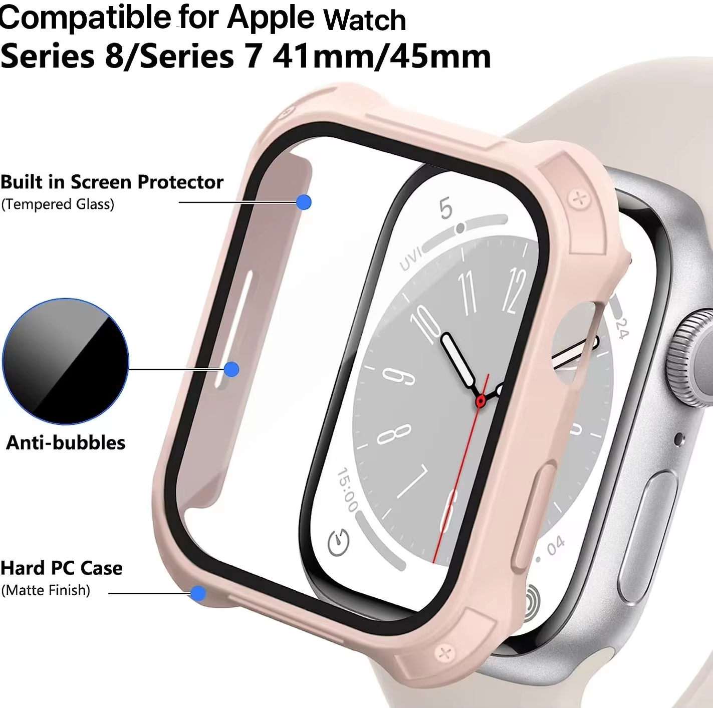 BEISOKY Waterproof PC Matte Watch case with Tempered Glass Protective Film for Apple Watch