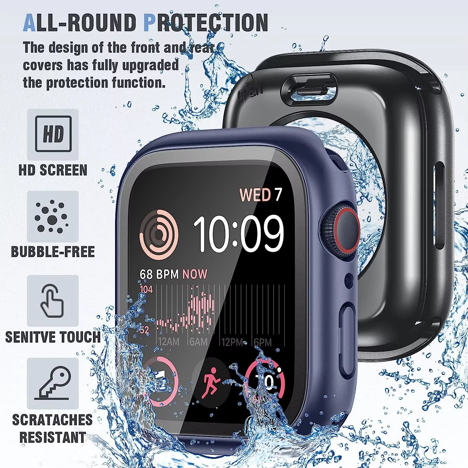 BEISOKY 360° waterproof smart watch case glass screen protector for Apple watch