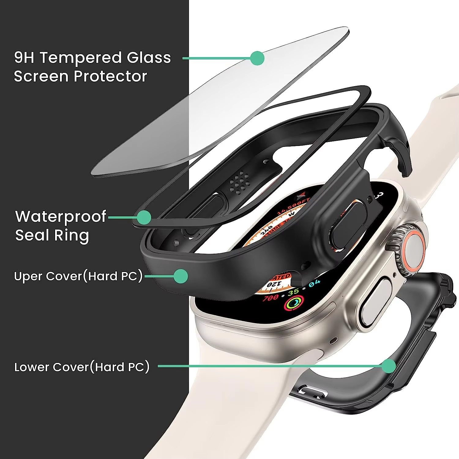 BEISOKY 360° waterproof smart watch case glass screen protector for Apple watch