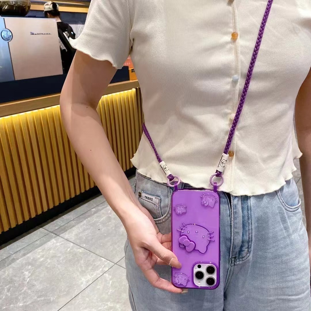 BEISOKY Transparent Color TPU Cute Cartoon KT Cat Lanyard Mobile Phone Cover
