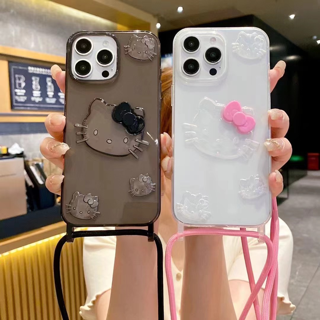BEISOKY Transparent Color TPU Cute Cartoon KT Cat Lanyard Mobile Phone Cover