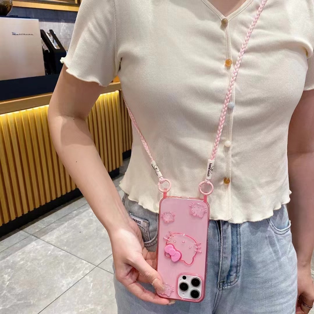 BEISOKY Transparent Color TPU Cute Cartoon KT Cat Lanyard Mobile Phone Cover