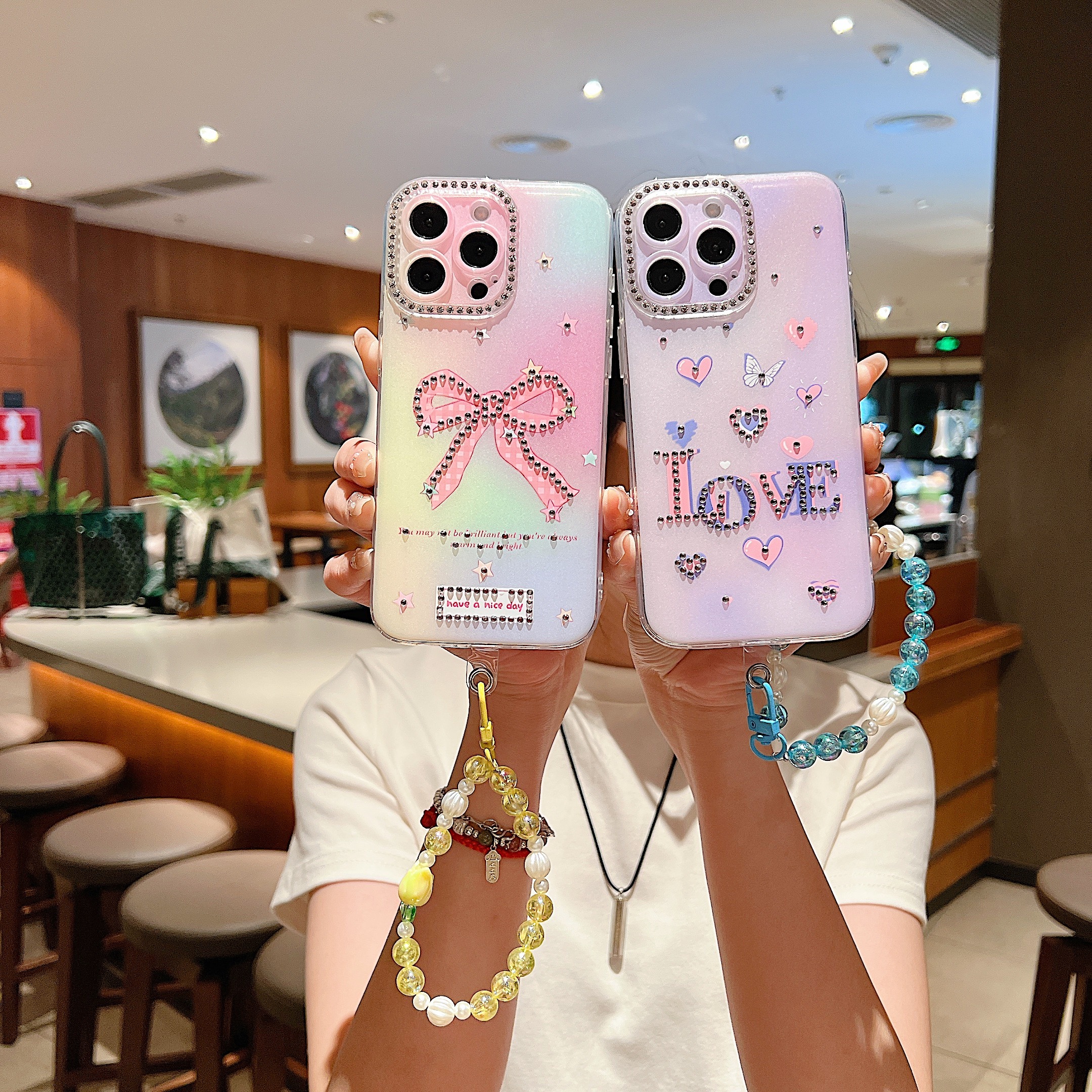 BEISOKY Luxury Butterfly Girl Shiny Diamond Butterfly Phone Case Pearl Phone Strap Soft Shockproof Cover for iPhone 15 16 14