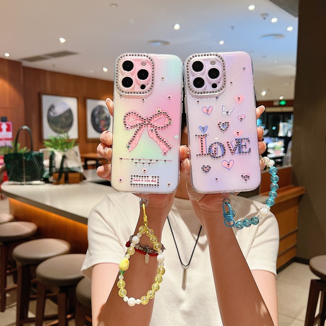 BEISOKY Luxury Butterfly Girl Shiny Diamond Butterfly Phone Case Pearl Phone Strap Soft Shockproof Cover for iPhone 15 16 14