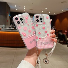 BEISOKY Luxury Gilry Phone Back Cover With Lens Protection Phone Case Wrist Strap for iPhone 13 14 15 16 Pro Max Phone Cover