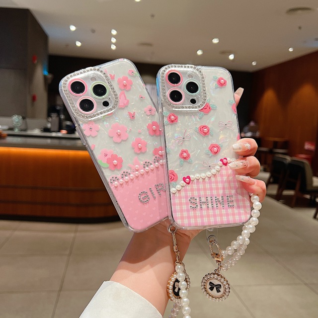BEISOKY Luxury Gilry Phone Back Cover With Lens Protection Phone Case Wrist Strap for iPhone 13 14 15 16 Pro Max Phone Cover