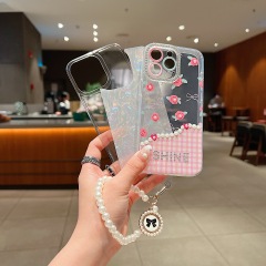 BEISOKY Luxury Gilry Phone Back Cover With Lens Protection Phone Case Wrist Strap for iPhone 13 14 15 16 Pro Max Phone Cover