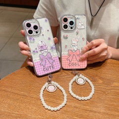 BEISOKY Luxury Gilry Phone Back Cover With Lens Protection Phone Case Wrist Strap for iPhone 13 14 15 16 Pro Max Phone Cover