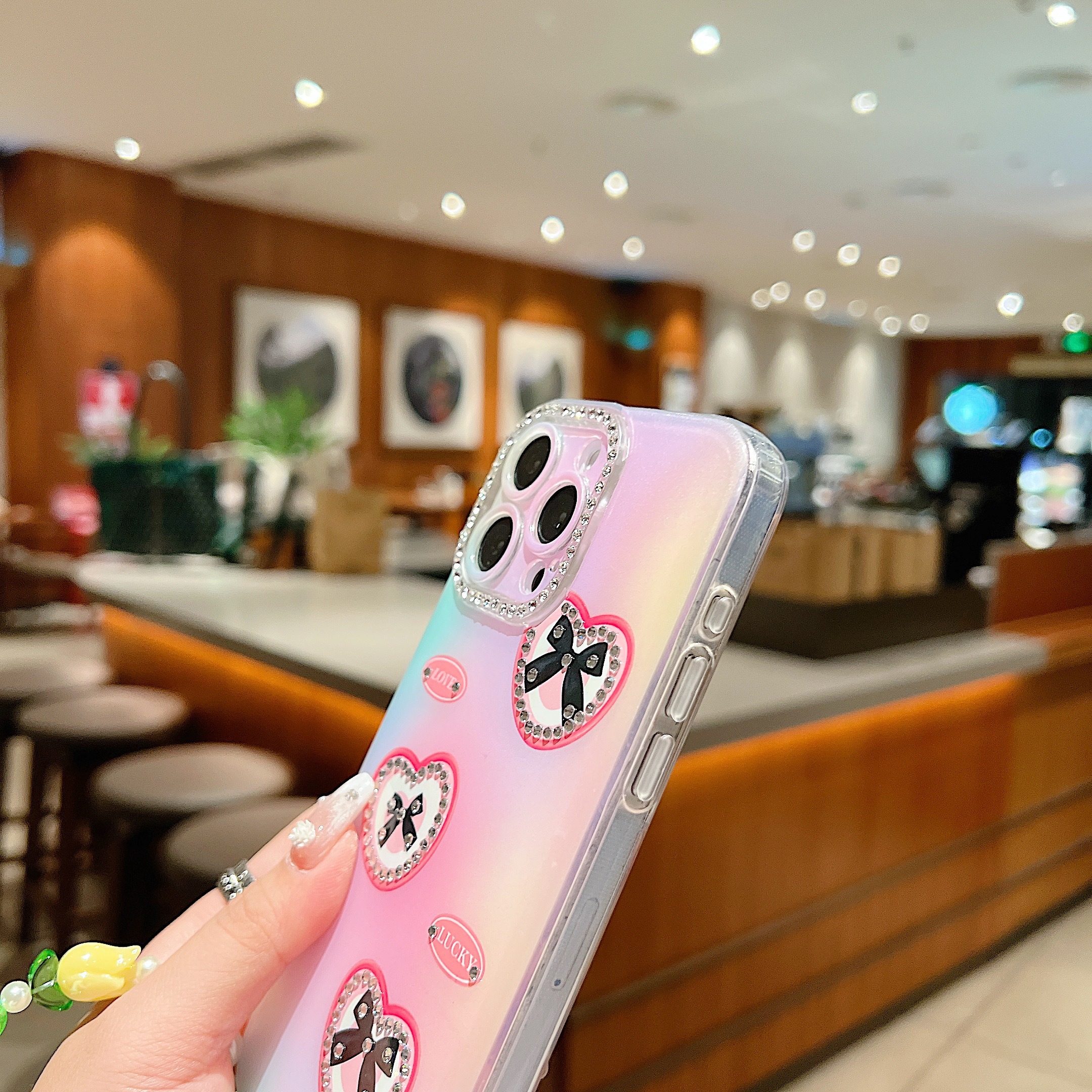 BEISOKY Luxury Butterfly Girl Shiny Diamond Butterfly Phone Case Pearl Phone Strap Soft Shockproof Cover for iPhone 15 16 14
