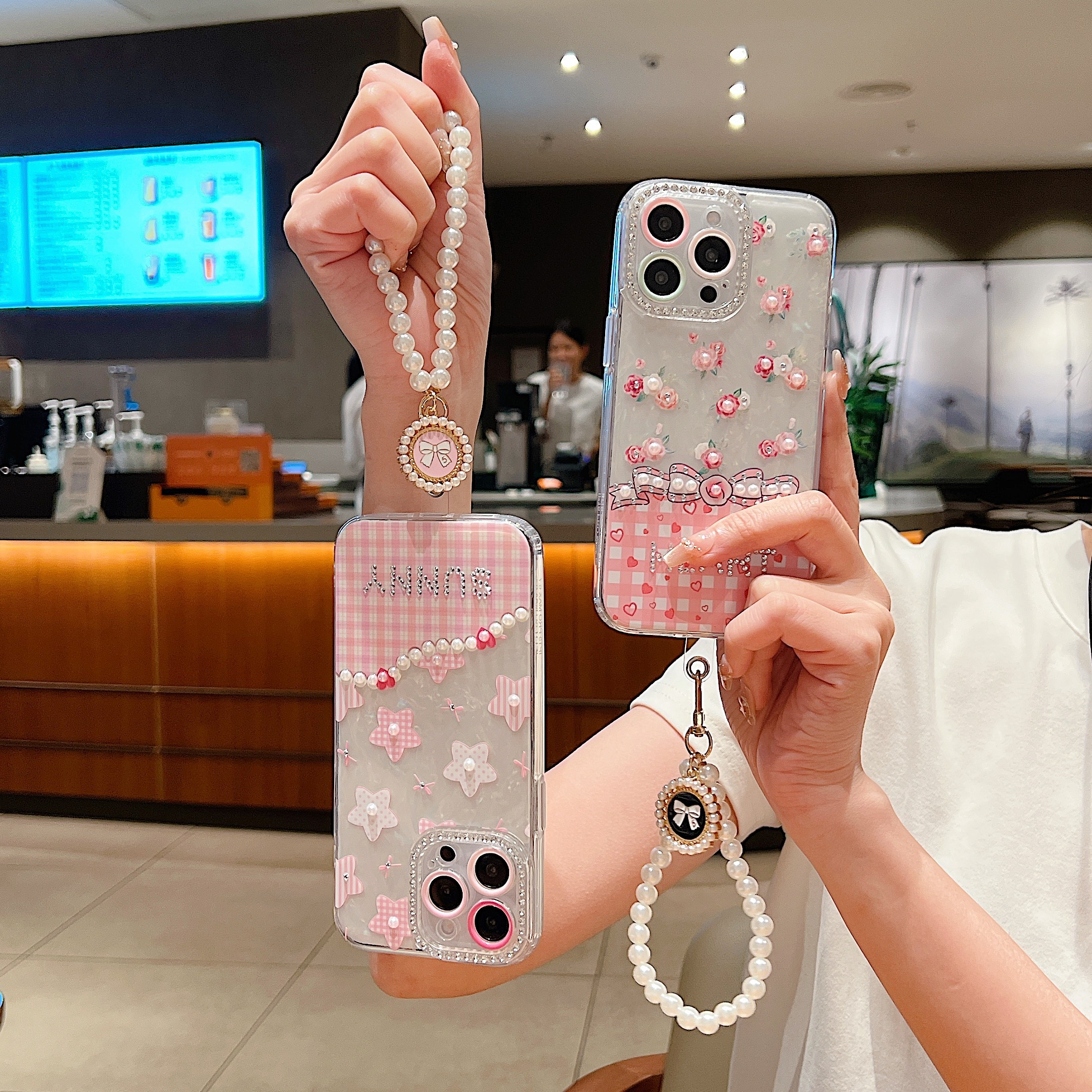 BEISOKY Luxury Gilry Phone Back Cover With Lens Protection Phone Case Wrist Strap for iPhone 13 14 15 16 Pro Max Phone Cover