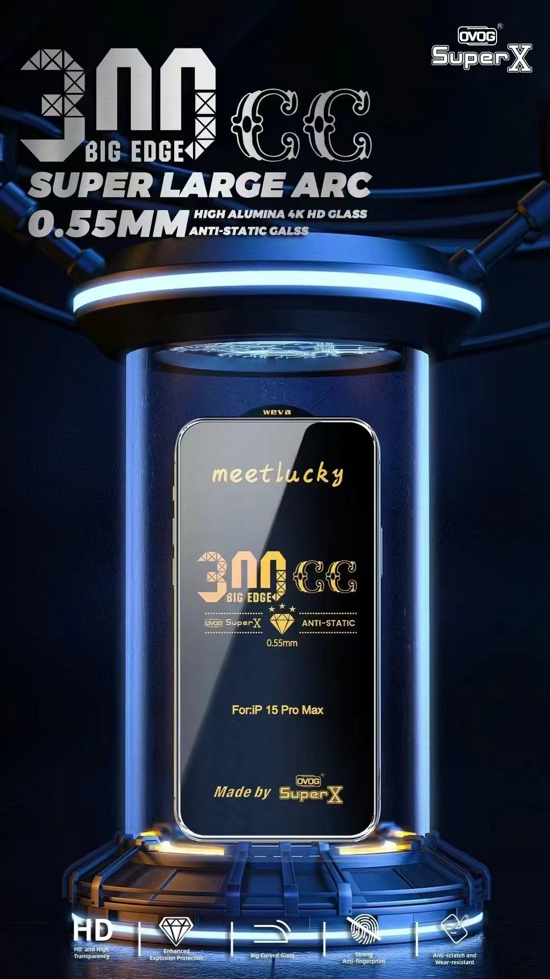 BEISOKY Full Glue 300CC ESD Transparent Super X Screen Tempered Glass for iPhone 16 Pro Max