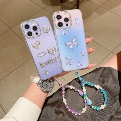 BEISOKY Luxury Butterfly Girl Shiny Diamond Butterfly Phone Case Pearl Phone Strap Soft Shockproof Cover for iPhone 15 16 14