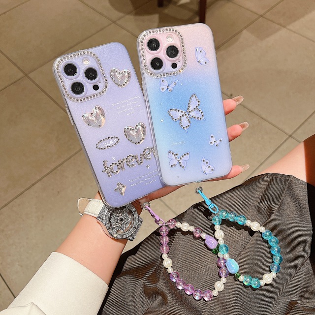 BEISOKY Luxury Butterfly Girl Shiny Diamond Butterfly Phone Case Pearl Phone Strap Soft Shockproof Cover for iPhone 15 16 14