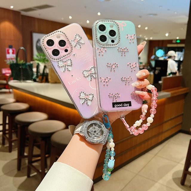 BEISOKY Luxury Butterfly Girl Shiny Diamond Butterfly Phone Case Pearl Phone Strap Soft Shockproof Cover for iPhone 15 16 14