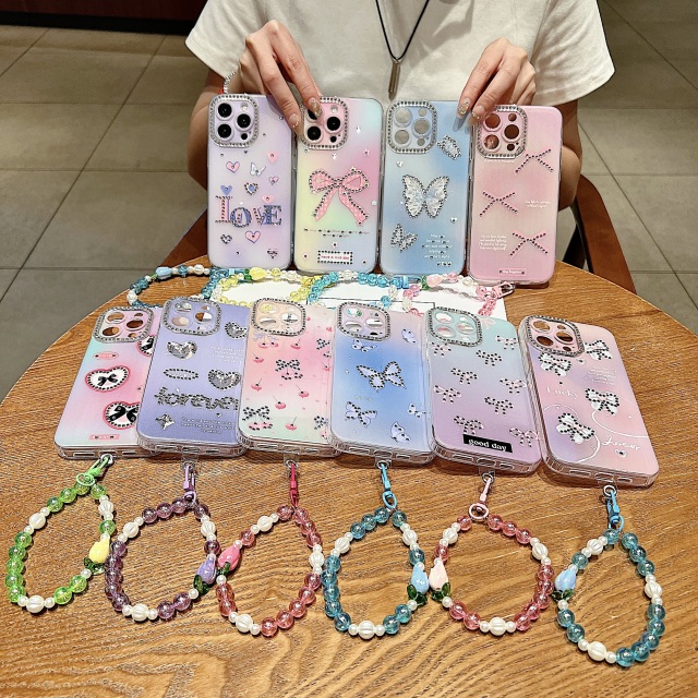 BEISOKY Luxury Butterfly Girl Shiny Diamond Butterfly Phone Case Pearl Phone Strap Soft Shockproof Cover for iPhone 15 16 14