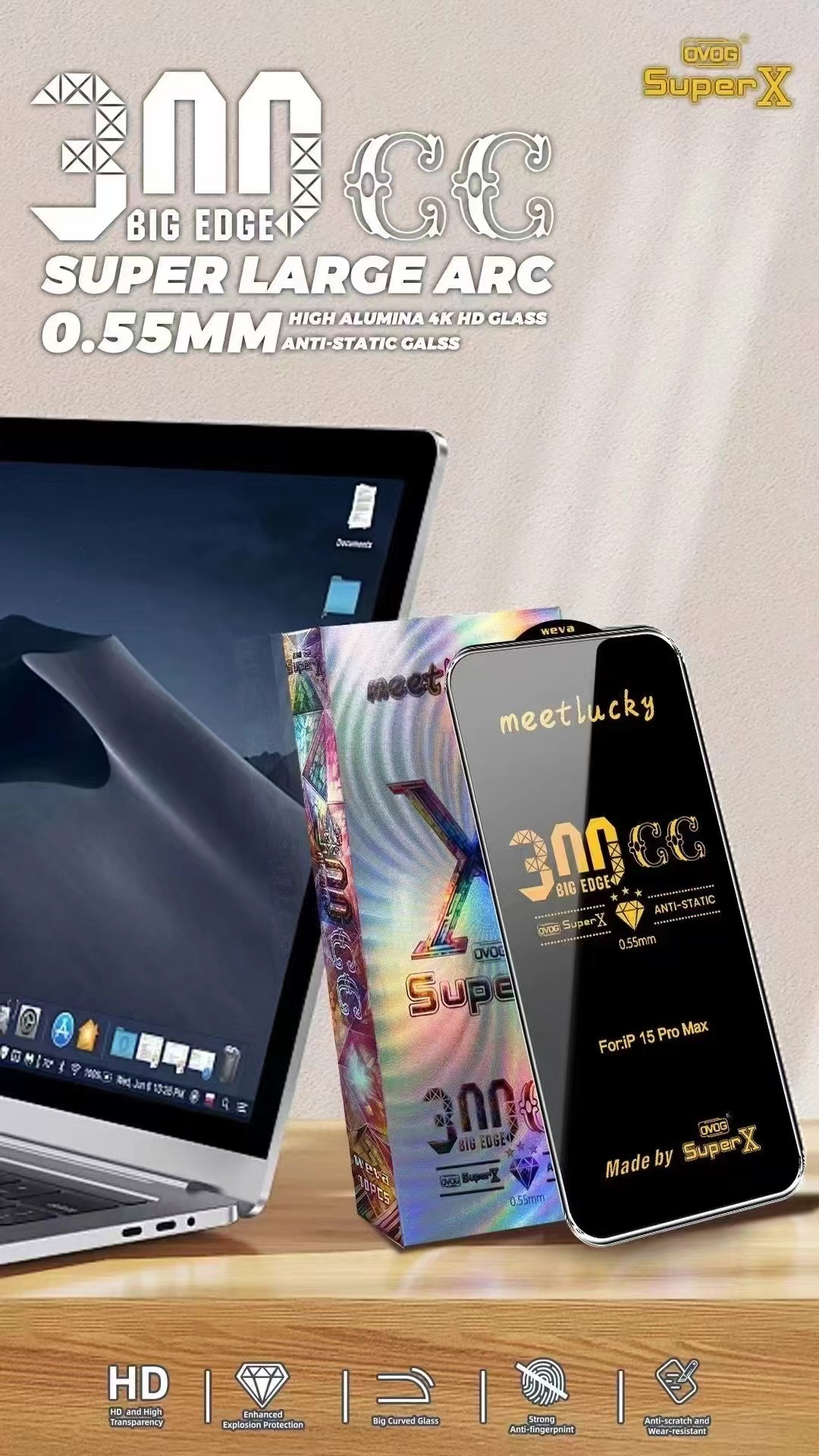 BEISOKY Full Glue 300CC ESD Transparent Super X Screen Tempered Glass for iPhone 16 Pro Max