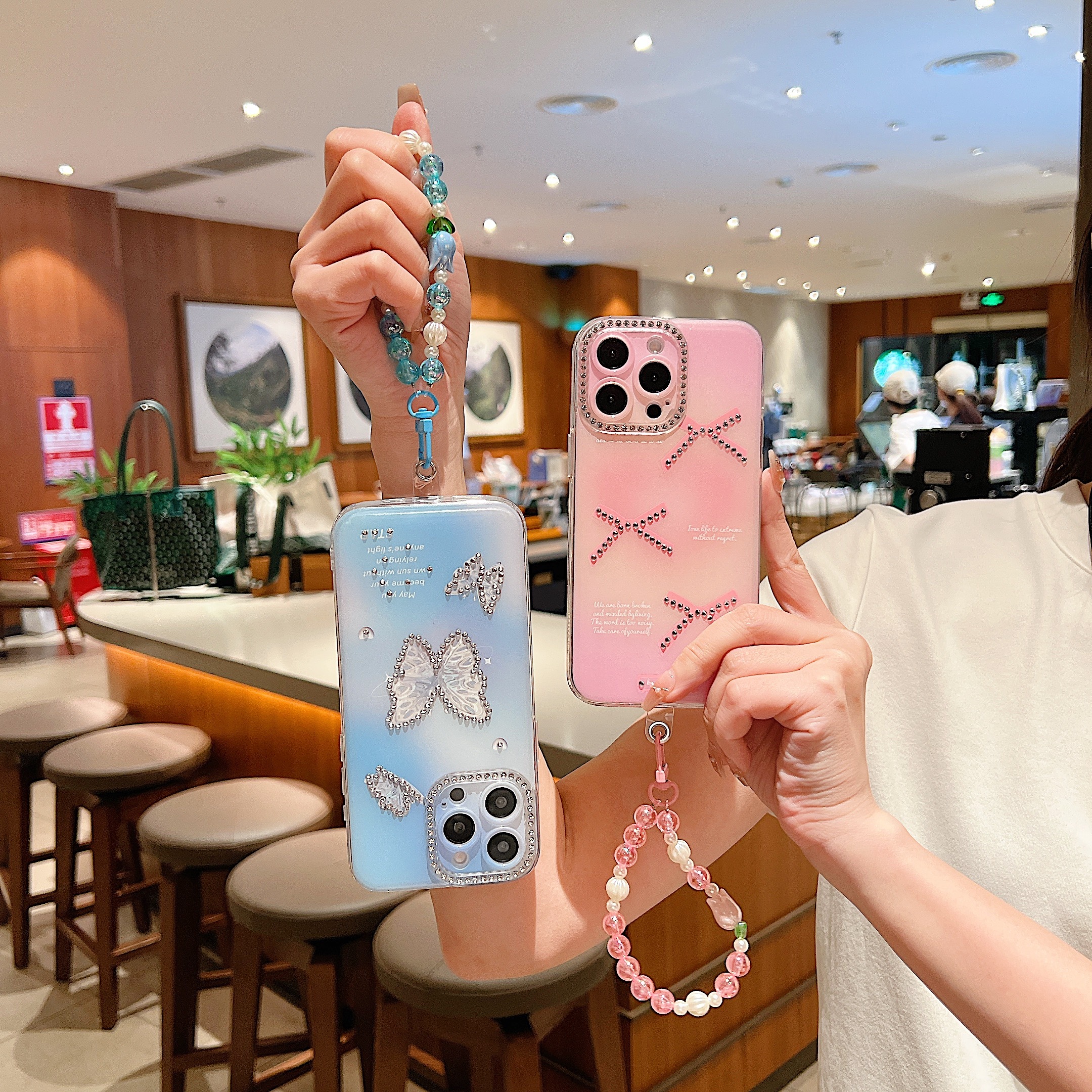 BEISOKY Luxury Butterfly Girl Shiny Diamond Butterfly Phone Case Pearl Phone Strap Soft Shockproof Cover for iPhone 15 16 14