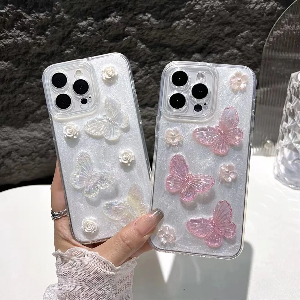 BEISOKY Factory Price Crystal Clear Pearl Case Women Girls 3D Butterfly Flower Cute Phone Case for iPhone 11 12 13 14 15 16 Plus Pro Max