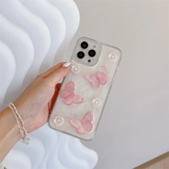 BEISOKY Factory Price Crystal Clear Pearl Case Women Girls 3D Butterfly Flower Cute Phone Case for iPhone 11 12 13 14 15 16 Plus Pro Max