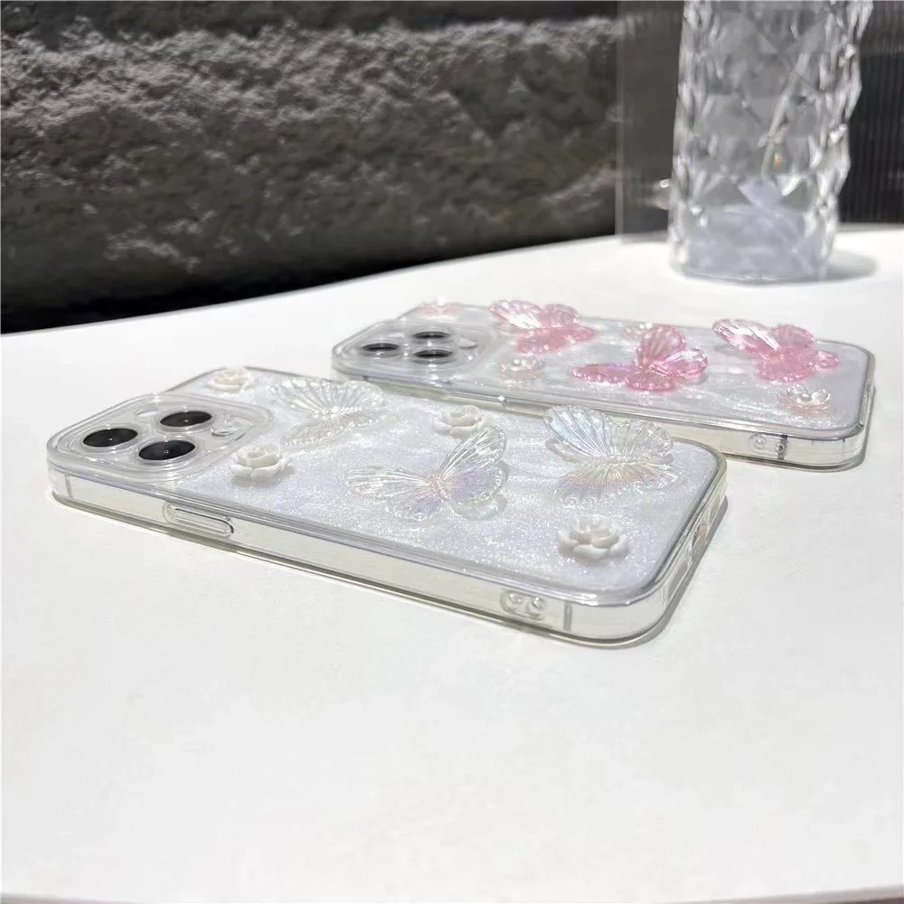 BEISOKY Factory Price Crystal Clear Pearl Case Women Girls 3D Butterfly Flower Cute Phone Case for iPhone 11 12 13 14 15 16 Plus Pro Max