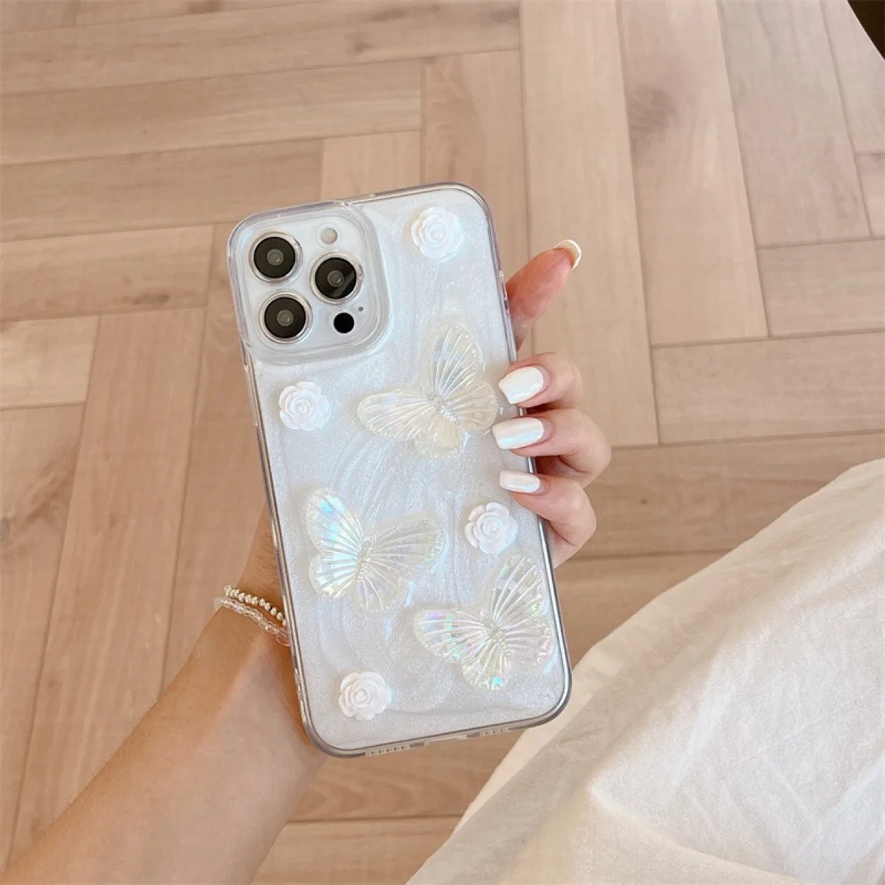 BEISOKY Factory Price Crystal Clear Pearl Case Women Girls 3D Butterfly Flower Cute Phone Case for iPhone 11 12 13 14 15 16 Plus Pro Max