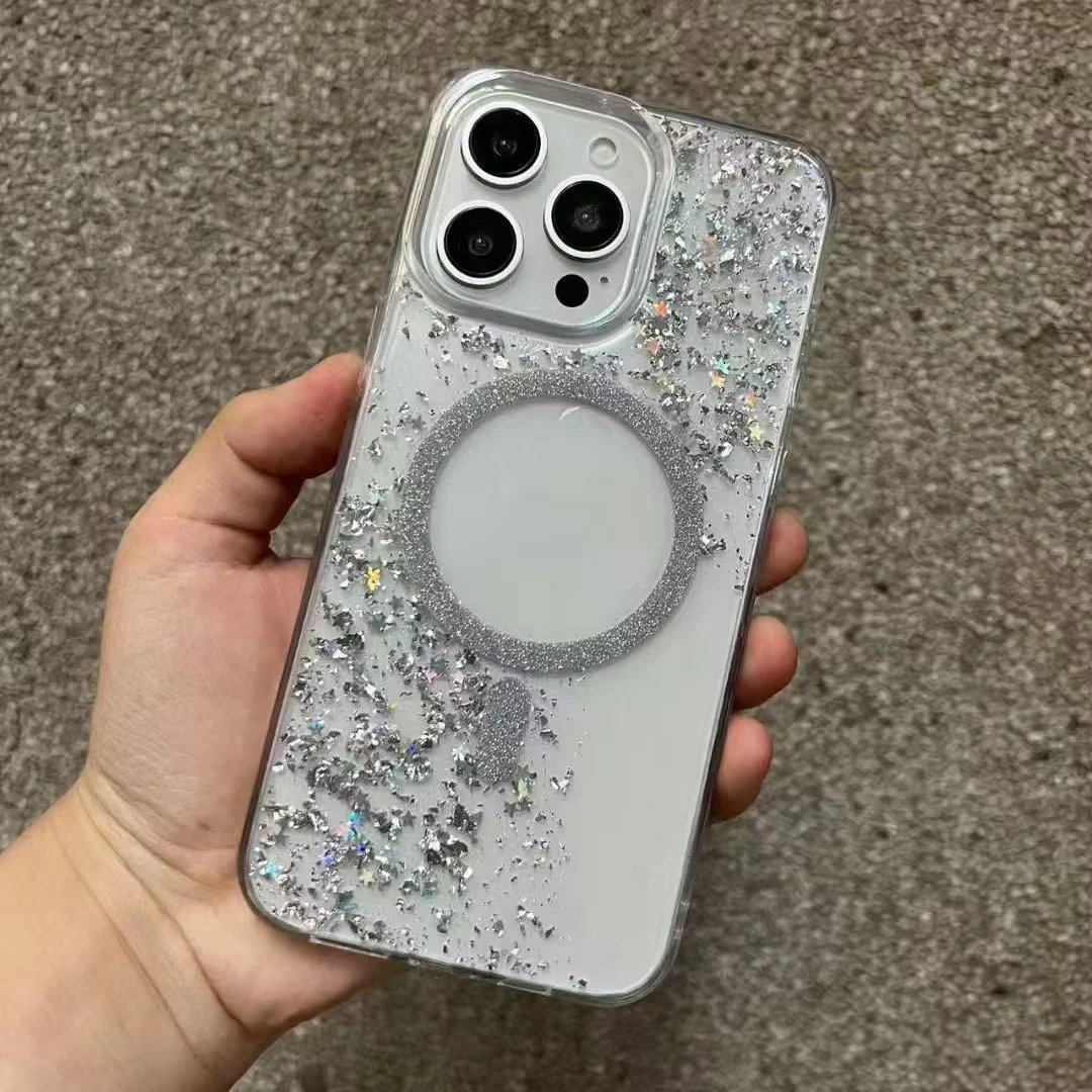 BEISOKY Luxury Wireless Charge Transparent Magnetic Bumper Glitter Phone Case for iPhone 16 15 14 13 12 11 Pro Max 16 Plus