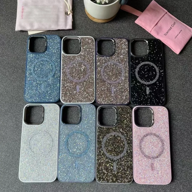 BEISOKY New Ladies Design Diamond Sparkling Glitter Phone Case Magnetic Mobile Phone Back Cover for iPhone 15 16 Pro Max