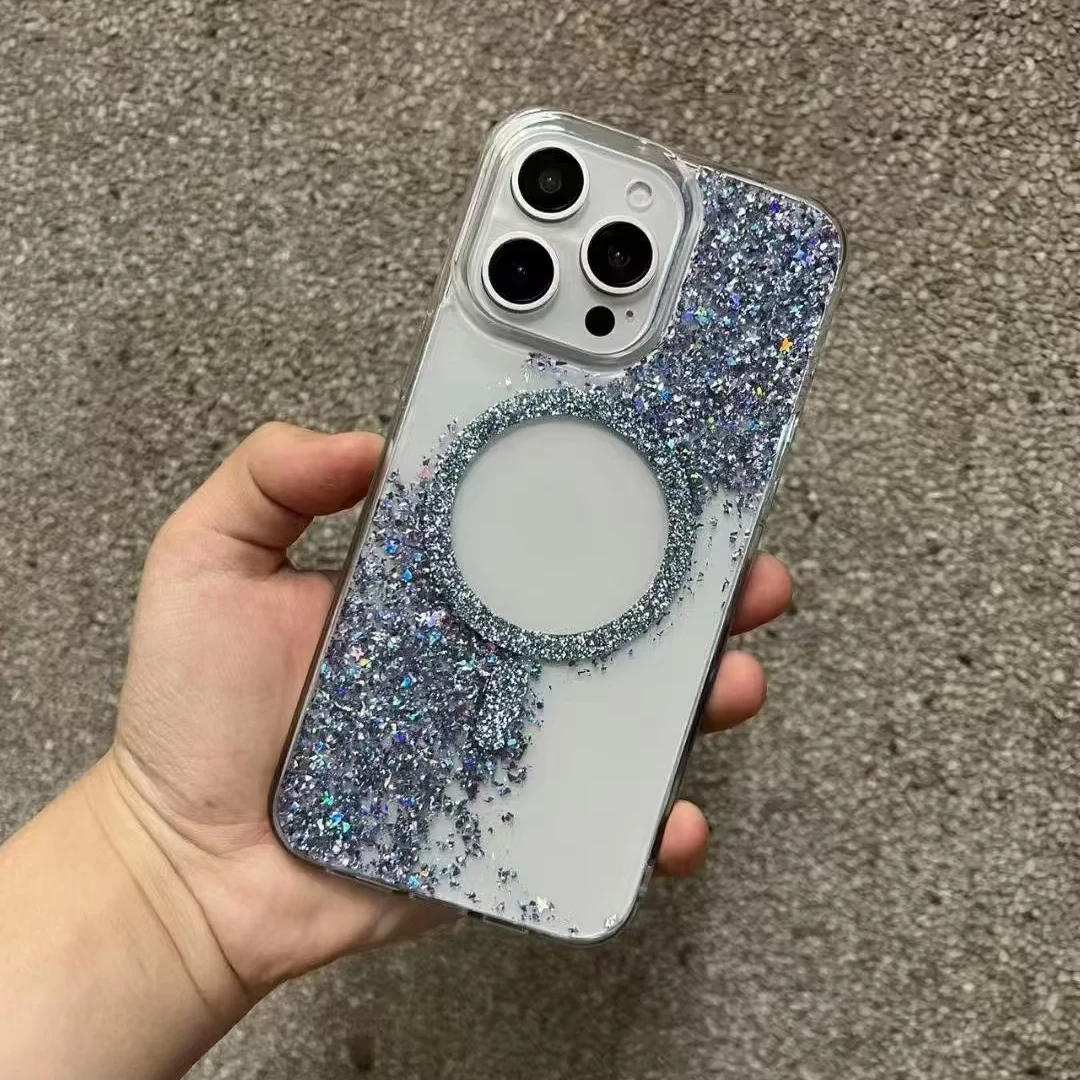 BEISOKY Luxury Wireless Charge Transparent Magnetic Bumper Glitter Phone Case for iPhone 16 15 14 13 12 11 Pro Max 16 Plus