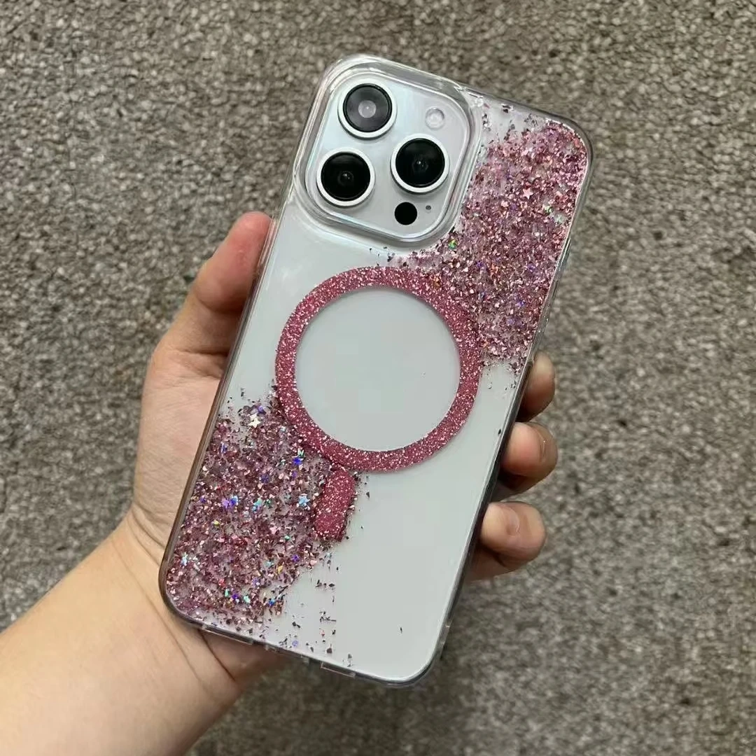 BEISOKY Luxury Wireless Charge Transparent Magnetic Bumper Glitter Phone Case for iPhone 16 15 14 13 12 11 Pro Max 16 Plus