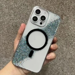BEISOKY Luxury Wireless Charge Transparent Magnetic Bumper Glitter Phone Case for iPhone 16 15 14 13 12 11 Pro Max 16 Plus