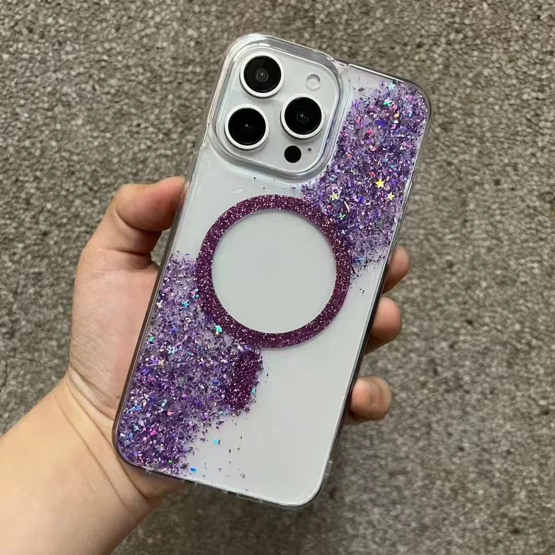 BEISOKY Luxury Wireless Charge Transparent Magnetic Bumper Glitter Phone Case for iPhone 16 15 14 13 12 11 Pro Max 16 Plus