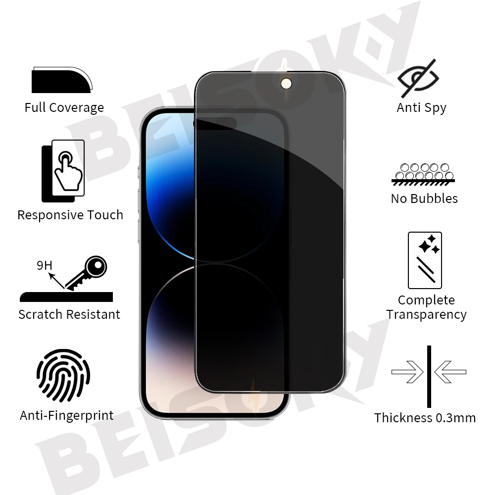 BEISOKY Full Cover Mobile Phone Privacy Anti-spy Tempered Glass Privacy Screen Protector Film for iphone 13 14 15 16