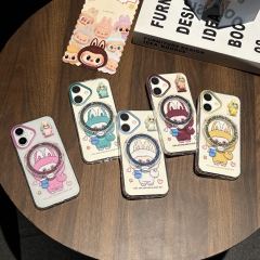 BEISOKY New Popular Cartoon Lucky Labubu Magnetic Wireless Charging Stand Holder Glitter Cell Phone Case for iPhone 17 16 Pro Max 15 14 13 Back Cover