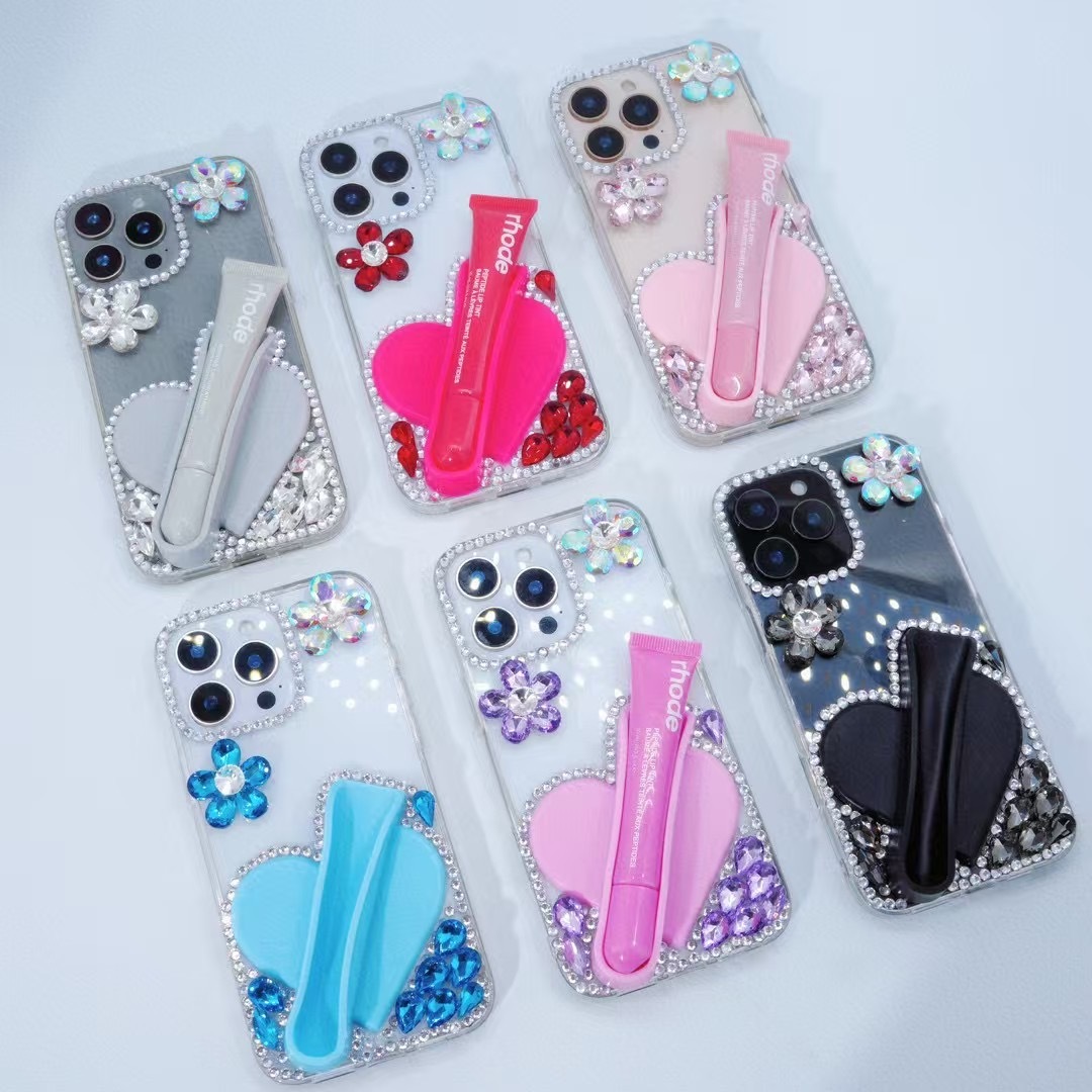 BEISOKY Factory Creative Design Beautiful Heart Shaped Silicone Lipstick Diamond Flower Gemstone Mobile Phone Cover for Iphone 15 16 17