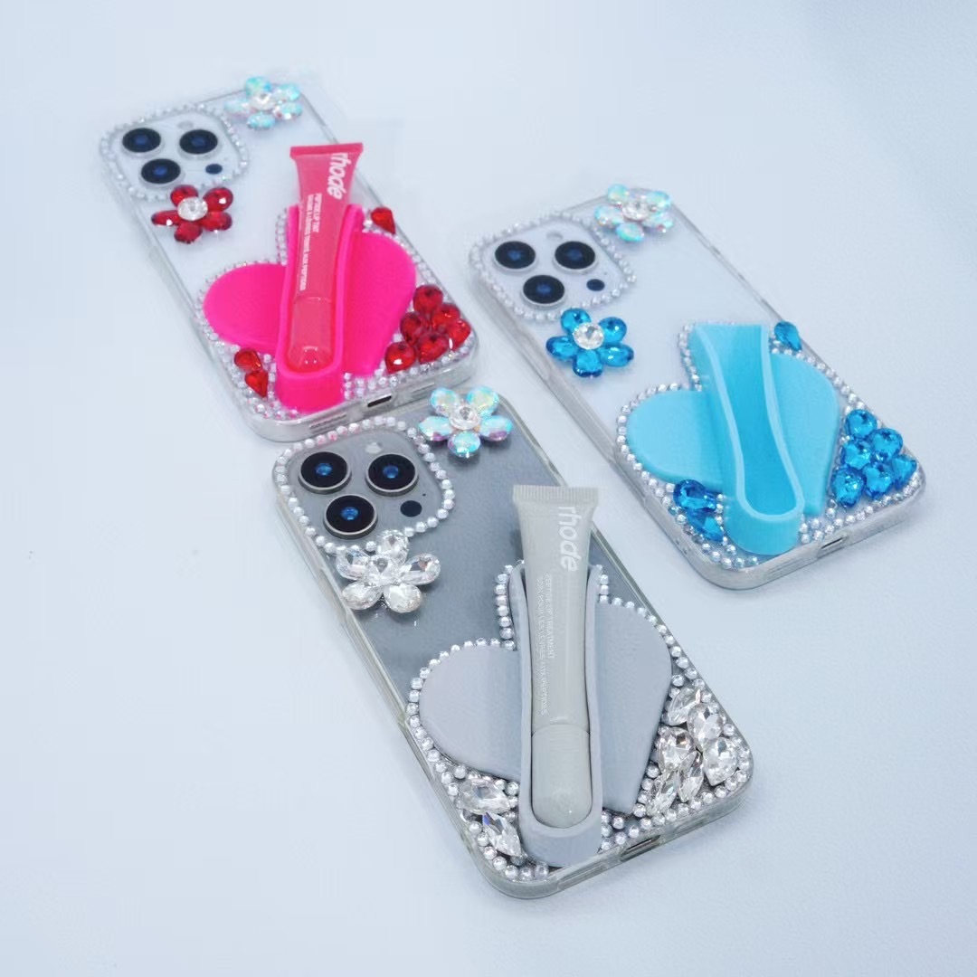 BEISOKY Factory Creative Design Beautiful Heart Shaped Silicone Lipstick Diamond Flower Gemstone Mobile Phone Cover for Iphone 15 16 17