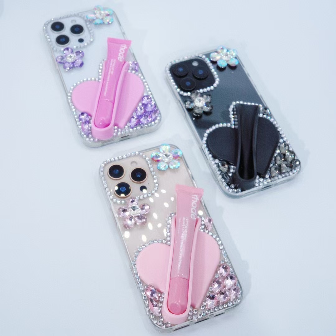 BEISOKY Factory Creative Design Beautiful Heart Shaped Silicone Lipstick Diamond Flower Gemstone Mobile Phone Cover for Iphone 15 16 17